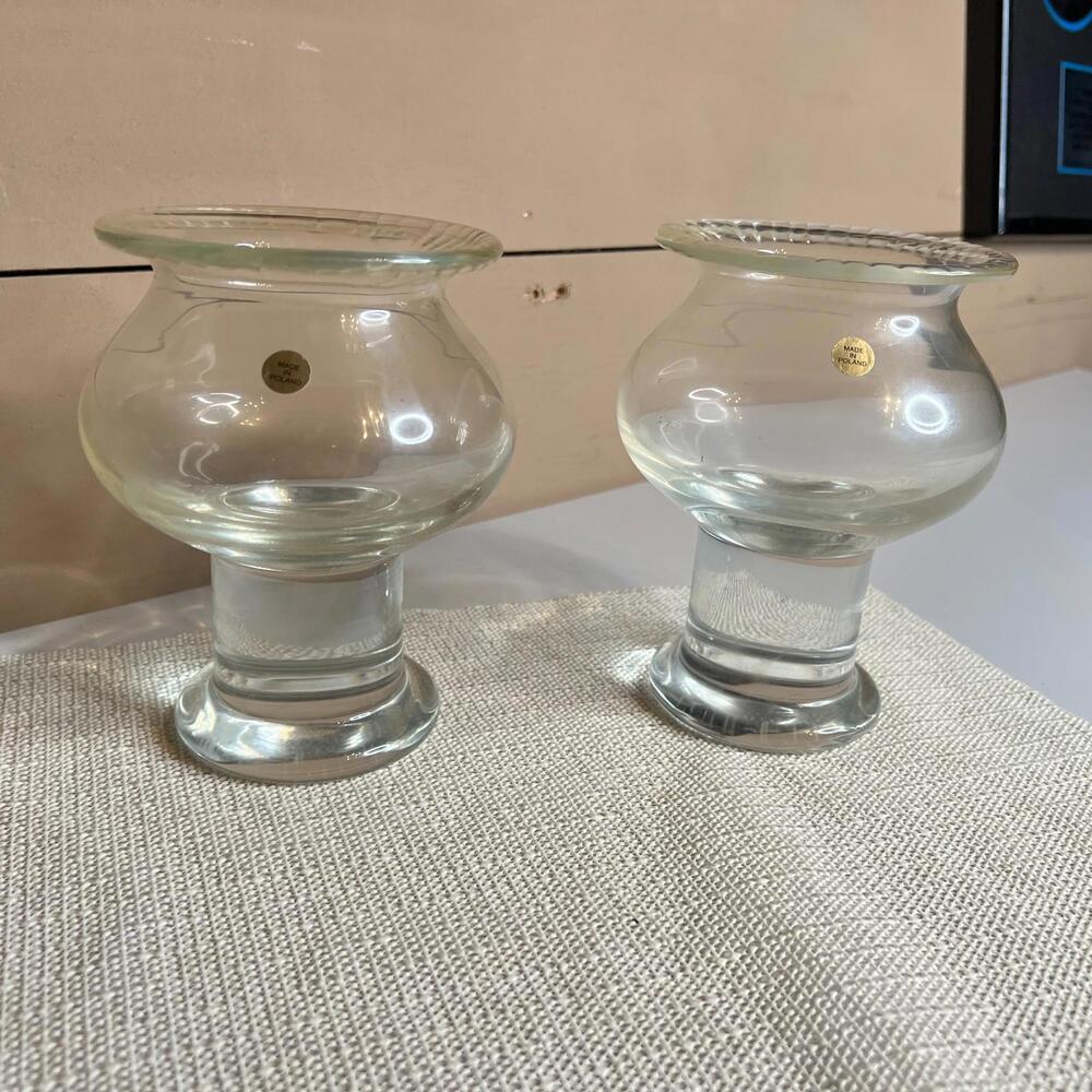 Vintage Krosno Poland Clear Glass Pedestal Vases Set of‎ 2 Heavy Glass